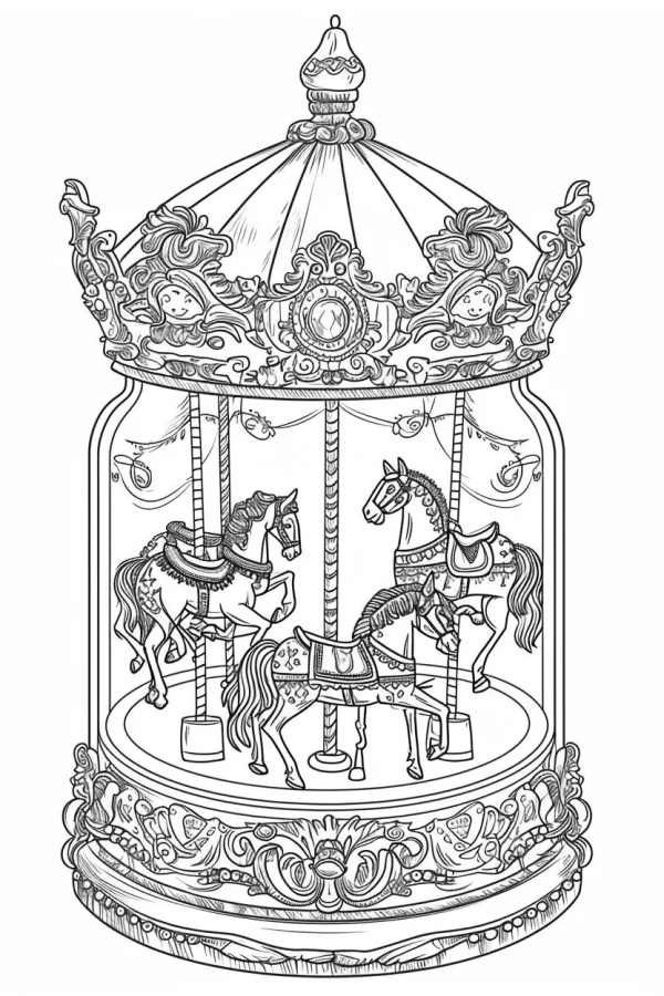 Ornate carousel with three horses, art deco and fairy tale style — free printable entertainment coloring book page