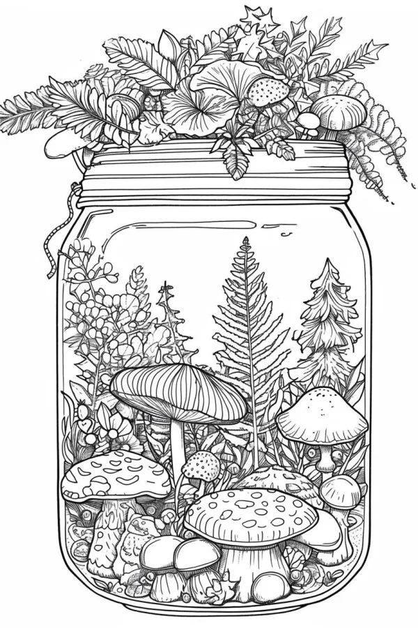 Terrarium in glass jar with mushrooms and various plants including ferns, flowers — free printable miniature landscape coloring book page