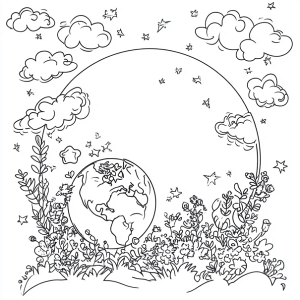 Earth surrounded by various plants and flowers, line art style — free printable environmental coloring book page