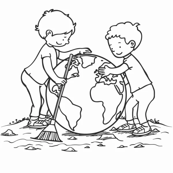 Two children cleaning the earth, cartoon style — free printable environmental coloring book page