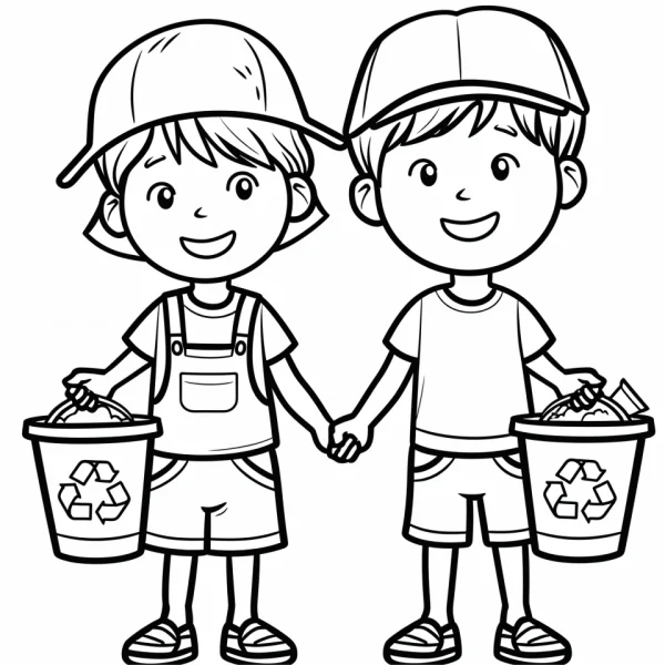 Two little boys holding hands and carrying recycling bins, cartoon style — free printable environmental coloring book page