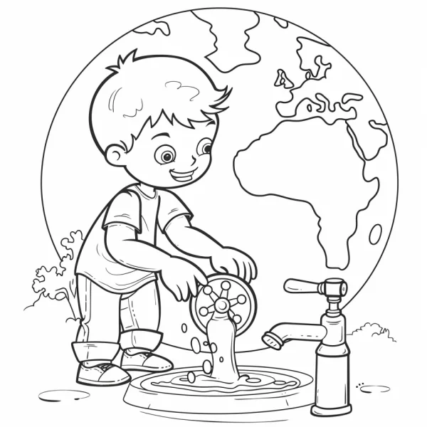Boy saving water with earth in background, cartoon style — free printable environmental coloring book page