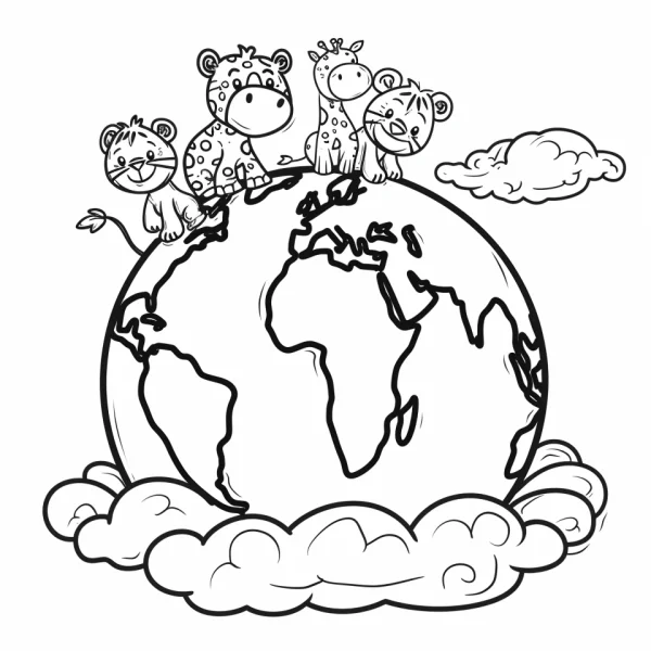 Cute cartoon animals (tiger, giraffe — free printable earth day coloring book page