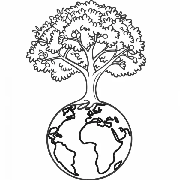 Tree growing on earth, nature style — free printable earth day coloring book page