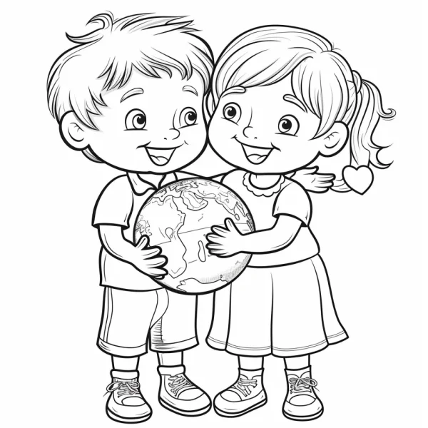 Boy and girl hugging the earth, cartoon style — free printable environmental coloring book page