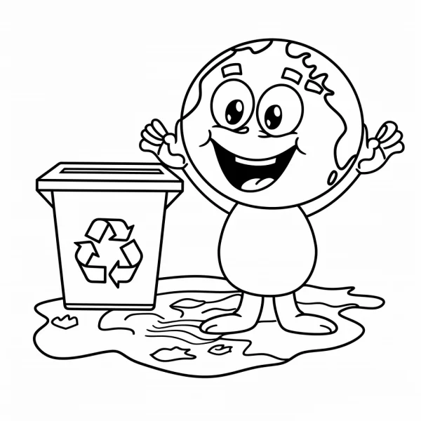 Anthropomorphic earth character with recycling bin, cartoon style — free printable environmental coloring book page