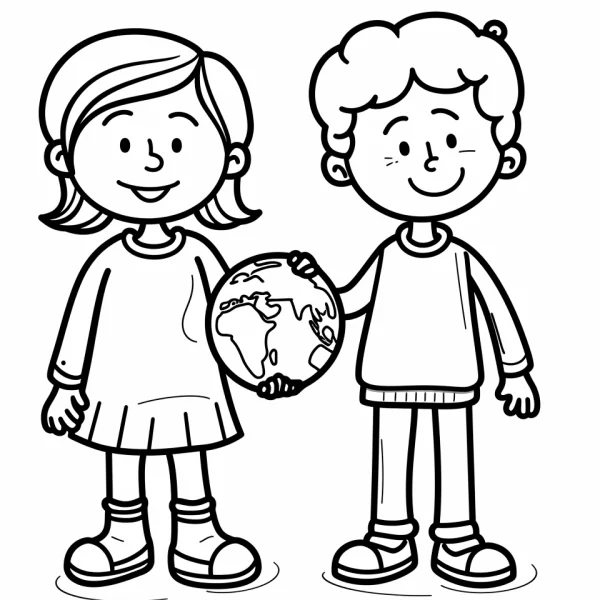 Boy and girl holding a globe, cartoon style — free printable earth day coloring book page