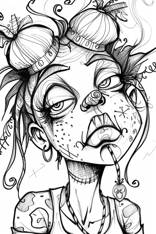 Coloring book page, quirky cartoon girl with double bun hairstyle and studded headbands — free printable cartoon characters coloring book page