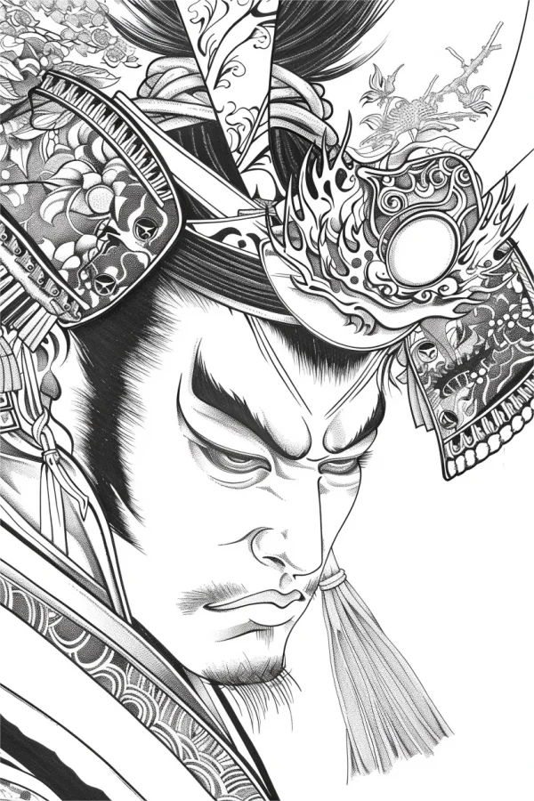 Japanese samurai head portrait, traditional japanese ukiyo-e inspired style — free printable history coloring book page