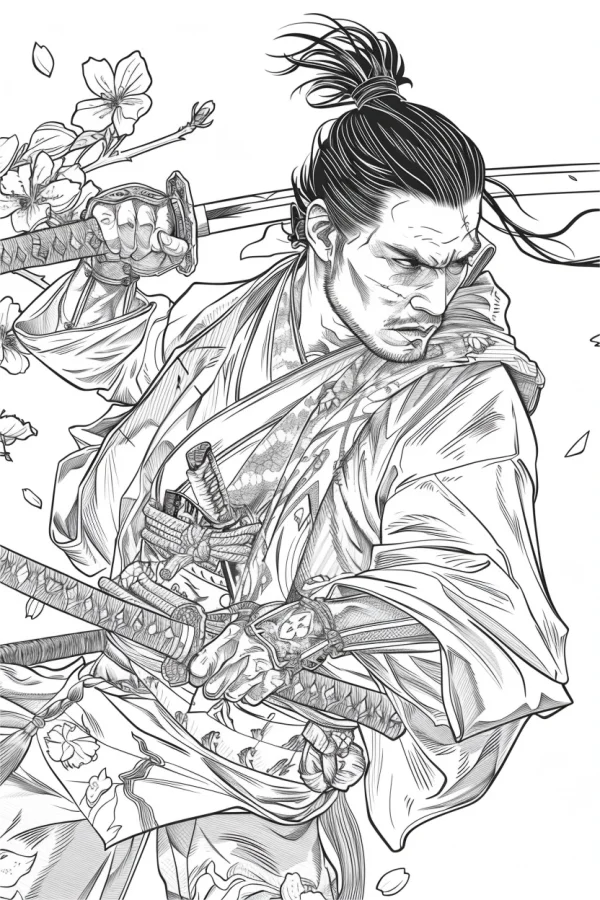 Japanese samurai holding two katanas, japanese realistic illustration style — free printable combat coloring book page