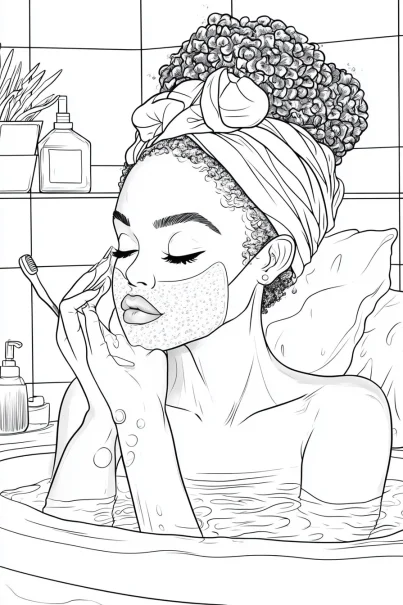 Black girl doing skincare in bathtub, realistic illustration style — free printable beauty care coloring book page