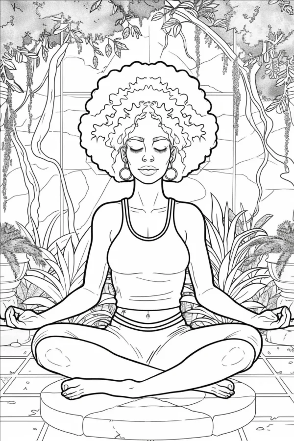 Meditating afro woman in lotus pose, sitting on a stone cushion in a lush indoor garden with potted plants and hanging vines — free printable meditation coloring book page
