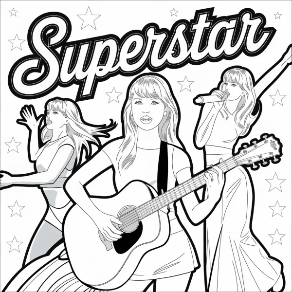 Female superstar with acoustic guitar, three different performance poses of female singer — free printable stars coloring book page