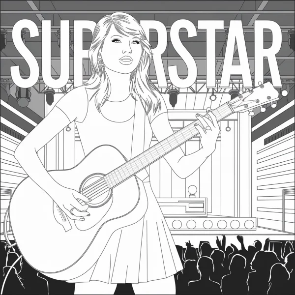 Female singer holding acoustic guitar on concert stage, with audience silhouettes — free printable concert coloring book page