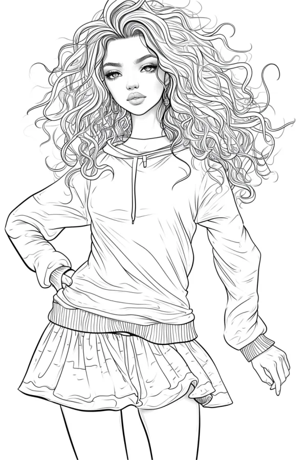 Curly-haired fashion girl wearing hoodie and pleated skirt, cartoon illustration style — free coloring book page