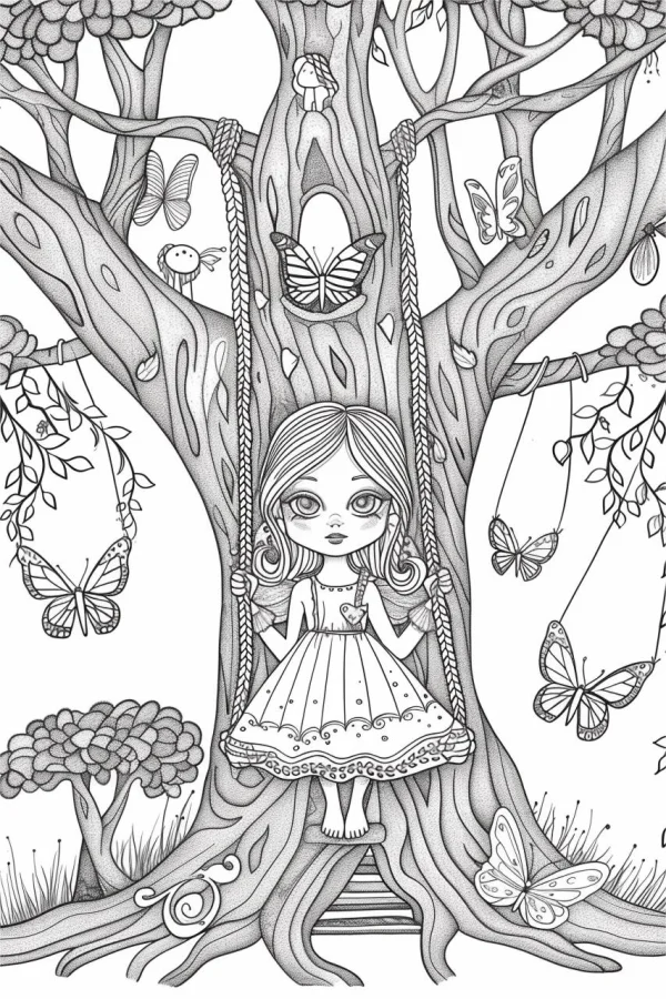 Fairy girl on tree swing, cartoon style — free coloring book page