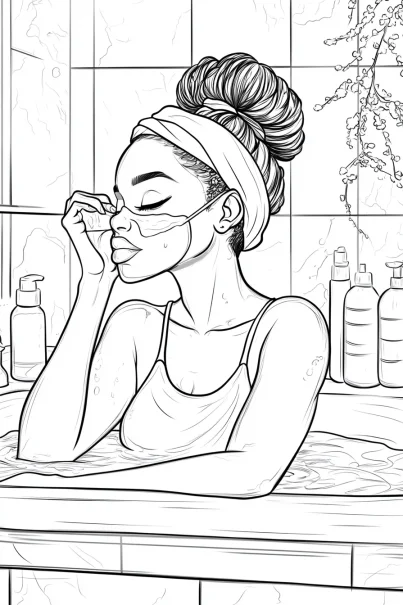 Girl applying facial mask in bathroom, realistic illustration style — free printable beauty care coloring book page