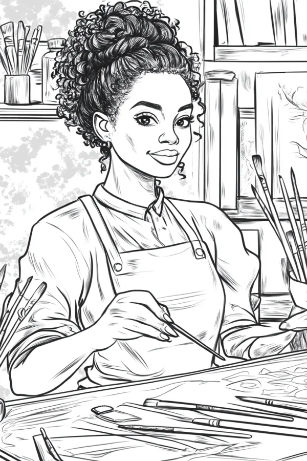 Female artist with curly hair painting in art studio, realistic line art style — free printable artist coloring book page