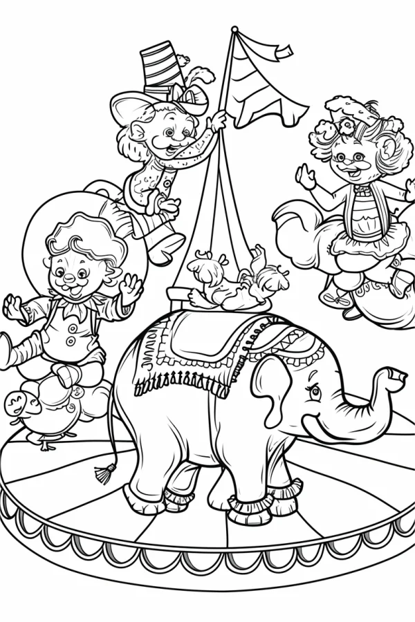 Circus elephant with clowns, baby and duckling — free printable circus coloring book page