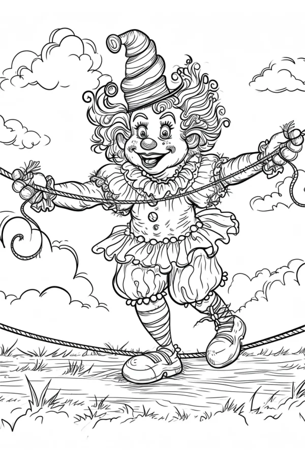 Cute clown walking on a tightrope, cartoon style — free printable circus coloring book page