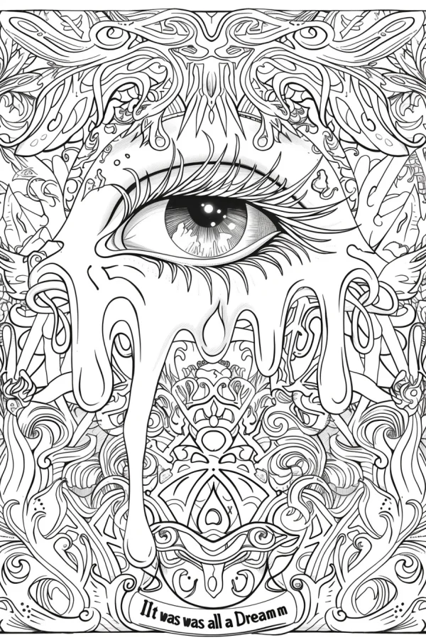 Melting artistic eye, zentangle and abstract style — free printable dreams coloring book page