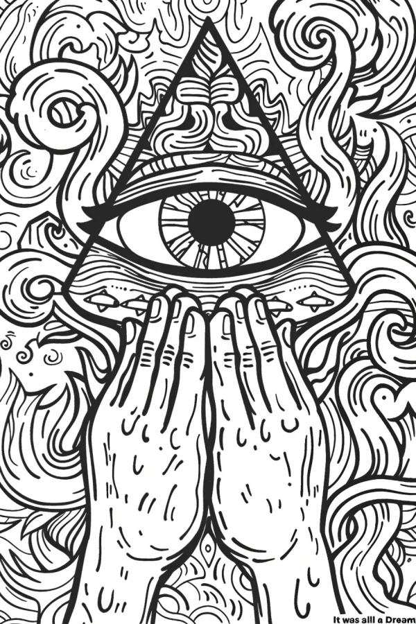 Praying hands with all-seeing eye in triangle, abstract zentangle style — free printable dreams coloring book page