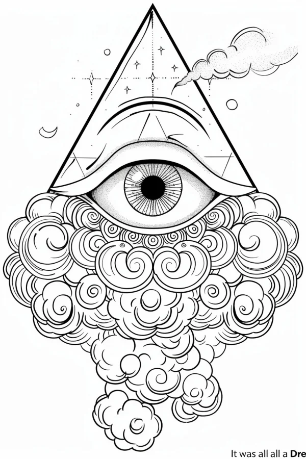 All-seeing eye within a triangle with swirling clouds, fantasy abstract style — free printable dreams coloring book page