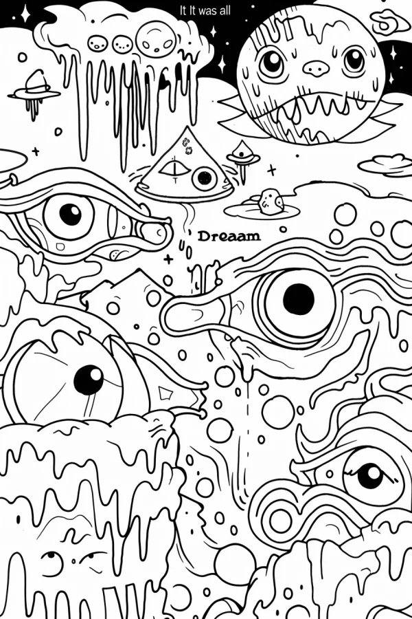 Coloring book page, surreal dreamscape with multiple-eyed creatures — free printable dreams coloring book page