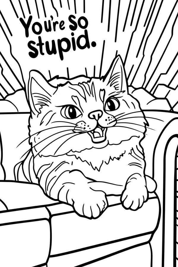 Angry complaining cat lying on sofa, cartoon style — free printable quirky coloring book page