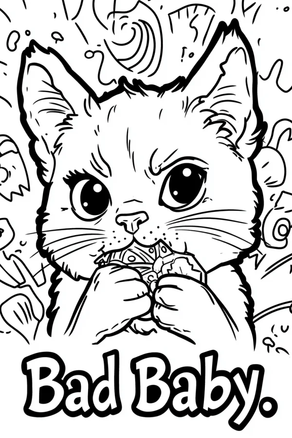 Naughty bad baby cat biting a small object, cartoon style — free printable quirky coloring book page