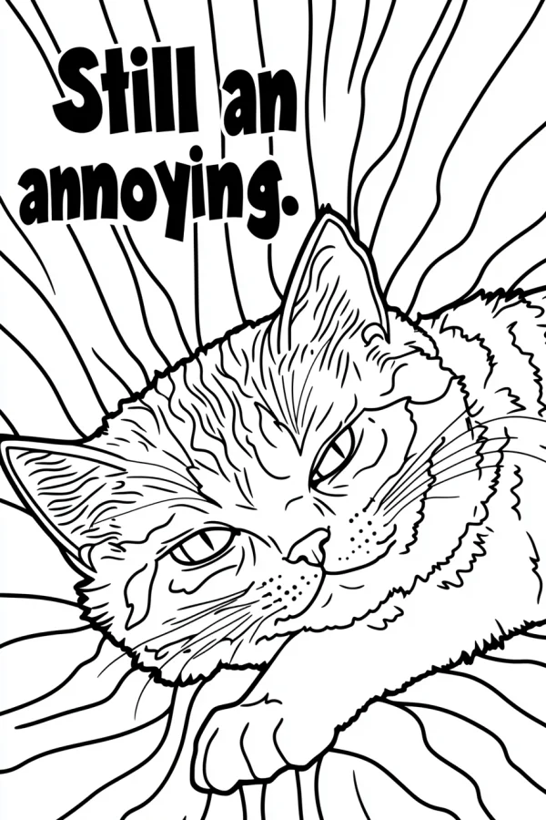 Grumpy annoying cat, cartoon style — free printable quirky coloring book page