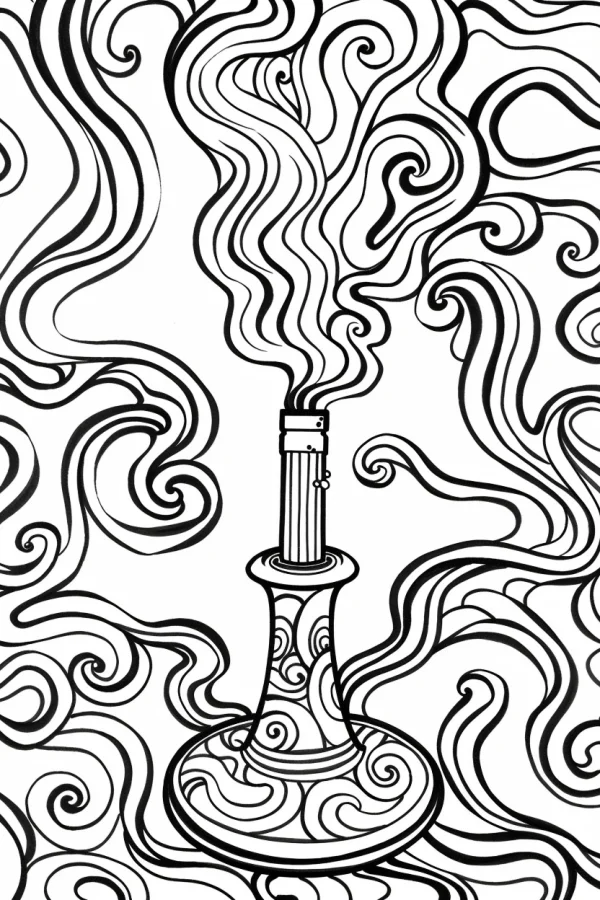 Arabic hookah with swirling smoke, arabian decorative style — free printable middle eastern culture coloring book page