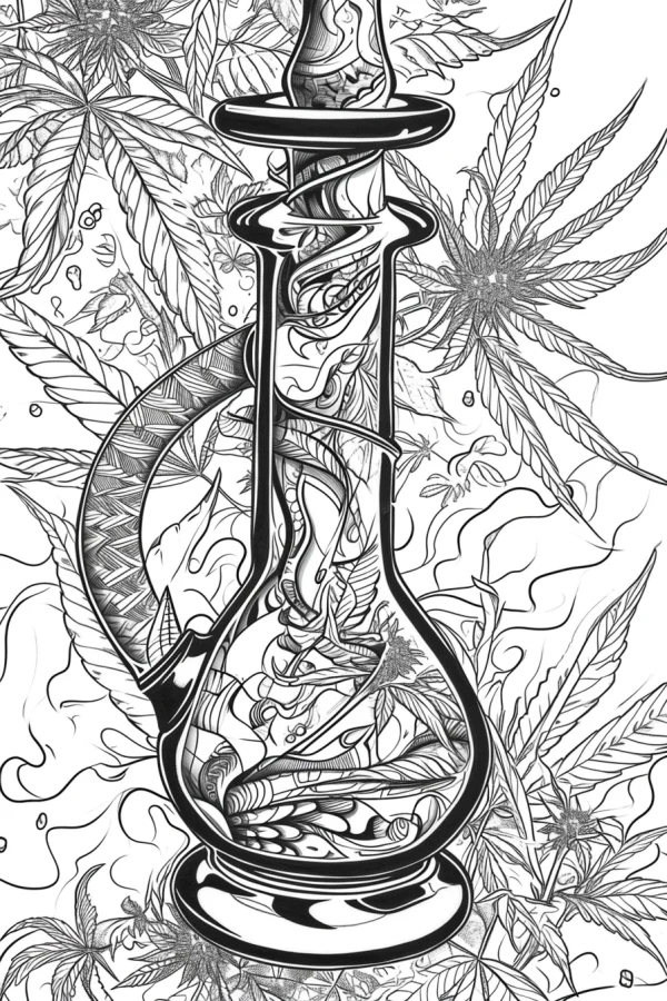 Bong surrounded by cannabis leaves, zentangle style with intricate winding and spiral patterns — free printable cannabis culture coloring book page