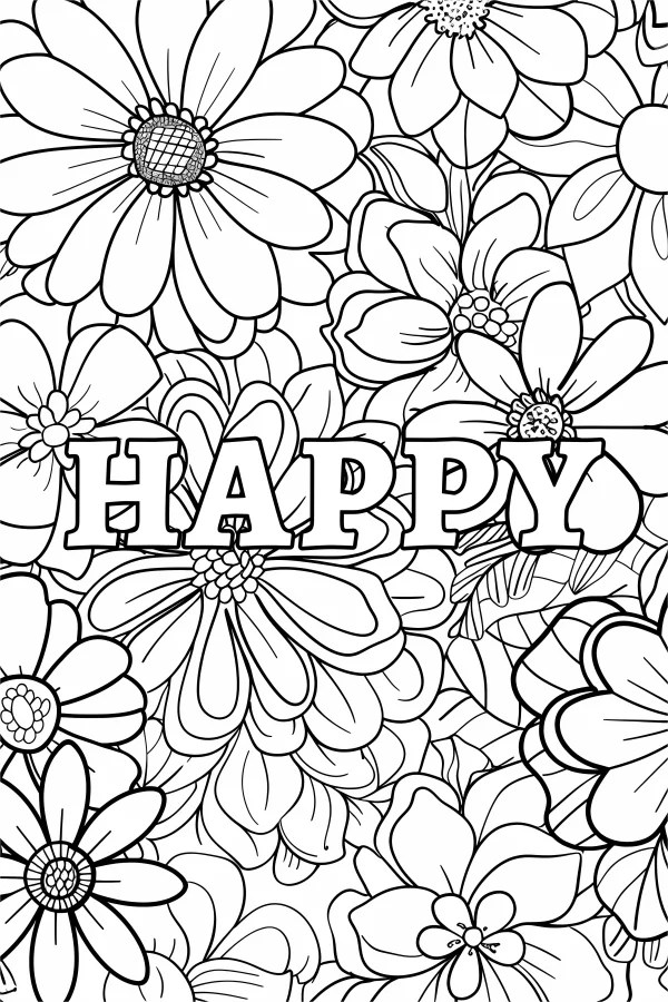 Happy decorative text surrounded by various flowers, line art style — free printable joy coloring book page