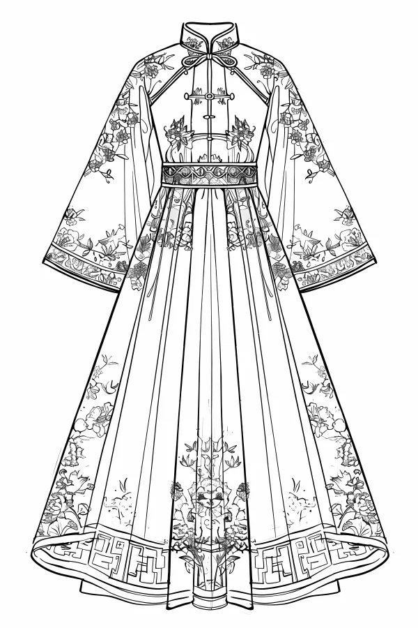 Traditional chinese long dress with floral embroidery, chinese style — free printable clothing coloring book page