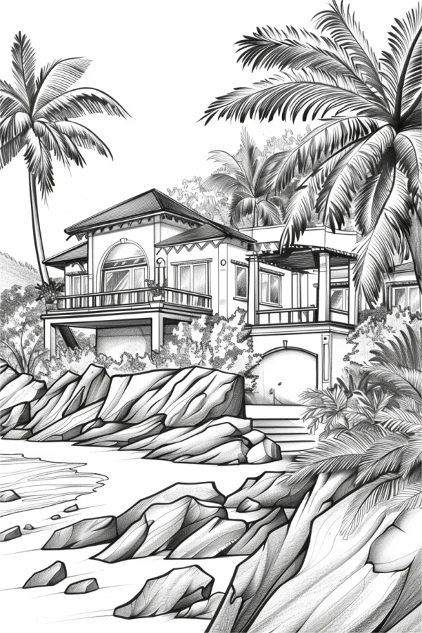 Coastal vacation villa, realistic line art style — free printable residential coloring book page
