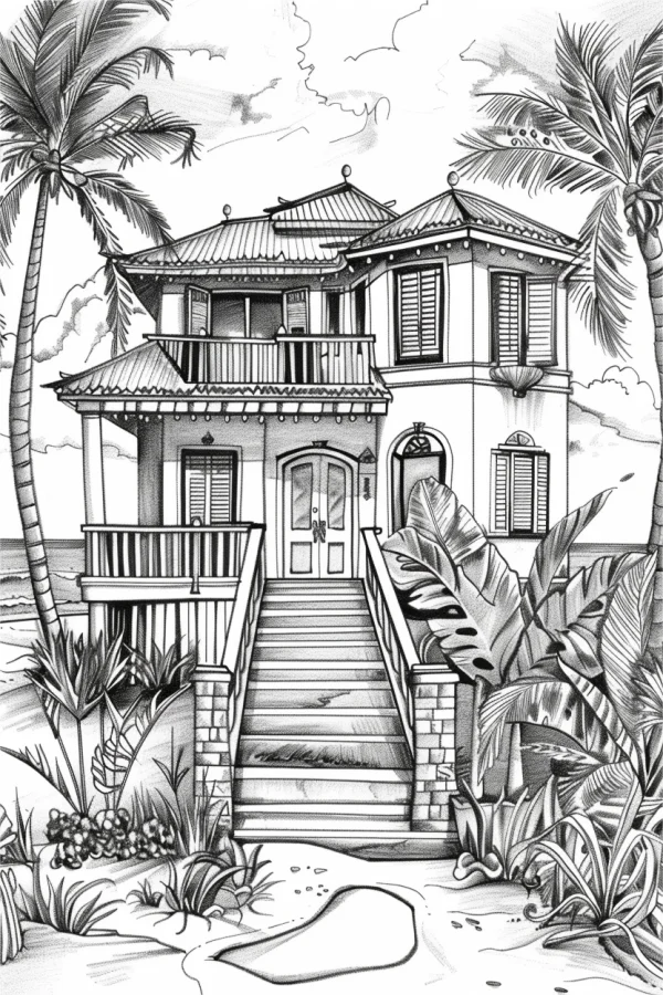 Seaside vacation villa, realistic line art style — free printable beach vacation coloring book page
