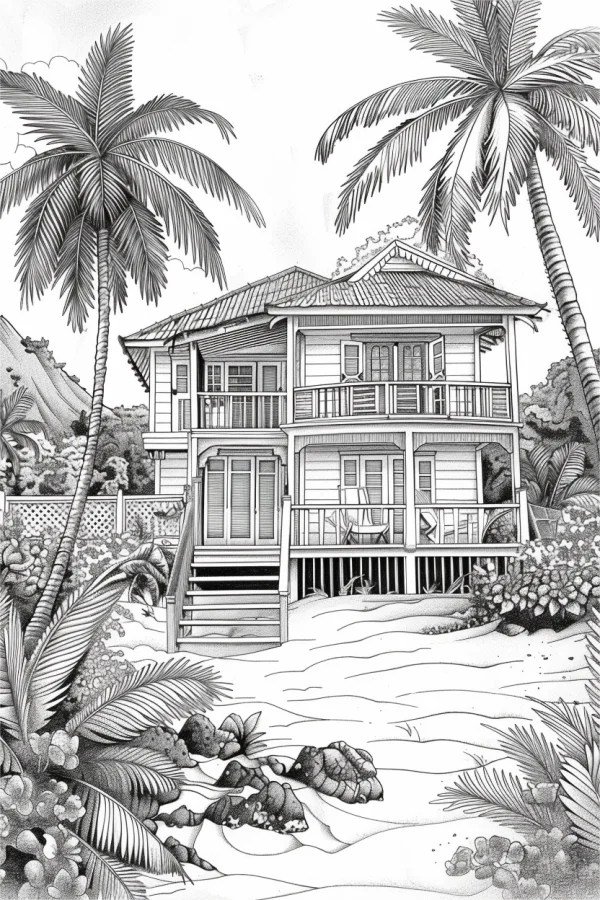 Beach vacation cottage, realistic illustration style — free printable beach vacation coloring book page