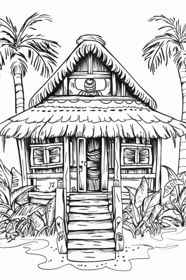 Tropical thatched hut with wooden stairs, surrounded by palm trees and tropical plants on sandy ground — free printable tropical style coloring book page