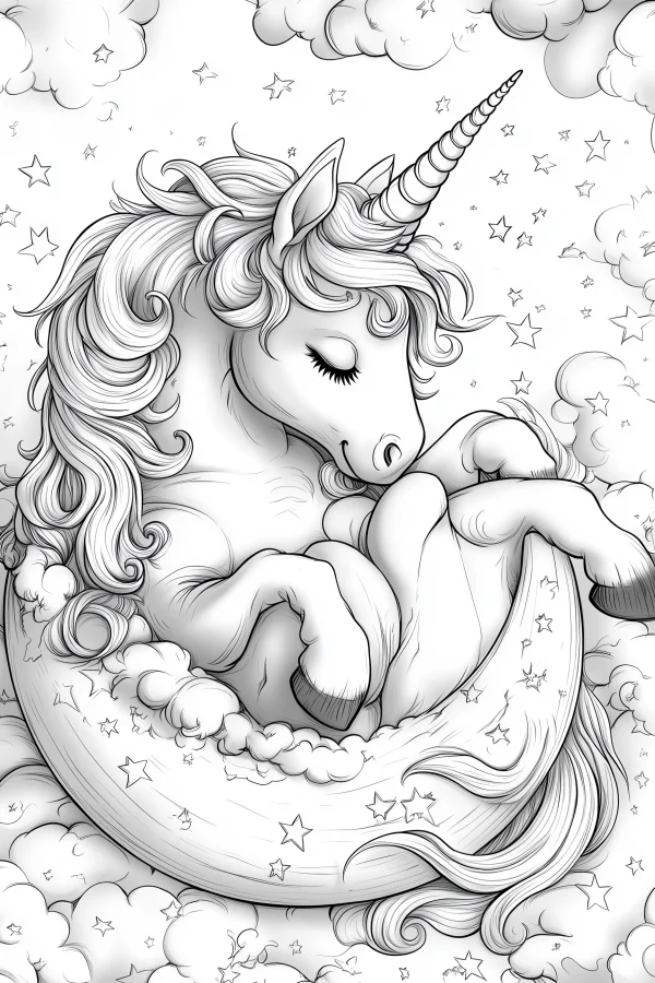 Cute unicorn lying on crescent moon, fairy tale cartoon style — free printable dreams coloring book page