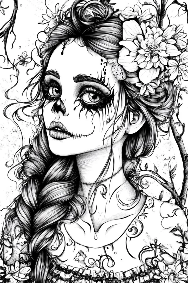 Day of the dead girl with skull makeup, gothic fantasy style — free printable female coloring book page