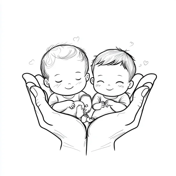 Twin babies held in adult hands, cartoon style — free printable parent-child coloring book page