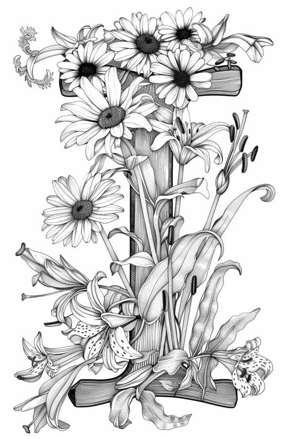 Letter i decorated with daisies and lilies, realistic line art style — free printable letter art coloring book page