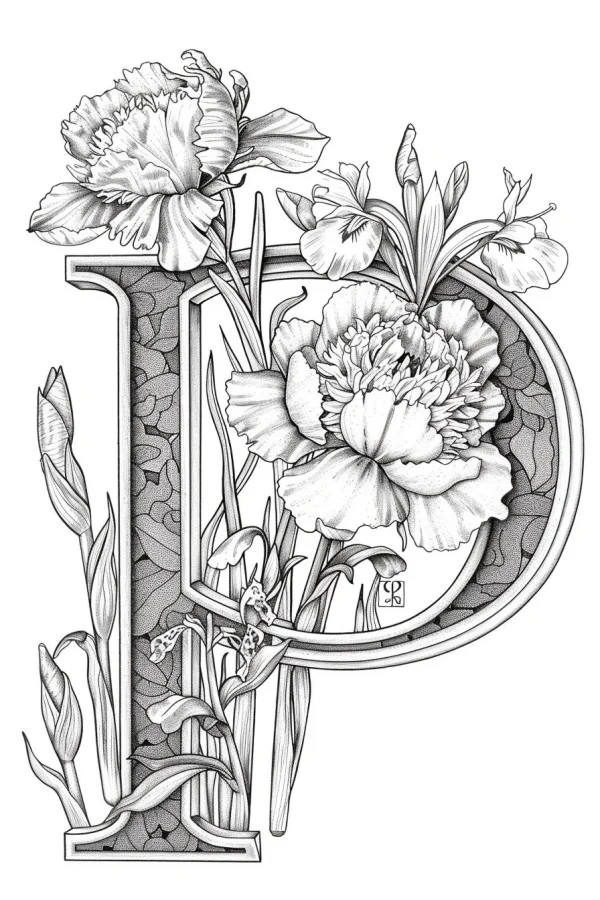 Floral decorated letter p with peonies and irises, art nouveau decorative style — free printable letter art coloring book page