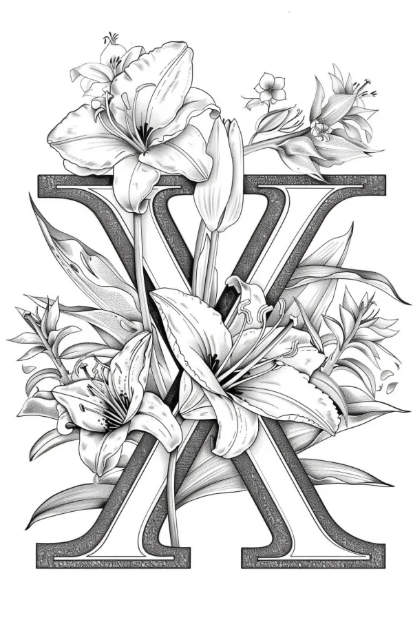 Coloring book page, decorative letter x surrounded by lilies and floral foliage — free printable letter art coloring book page