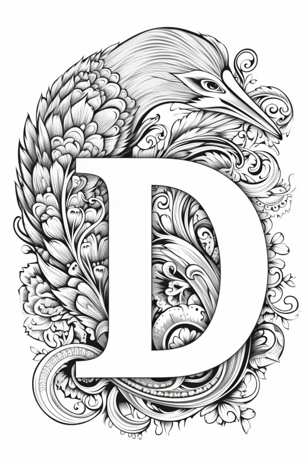 Coloring book page, artistic letter d integrated with a bird — free printable letter design coloring book page