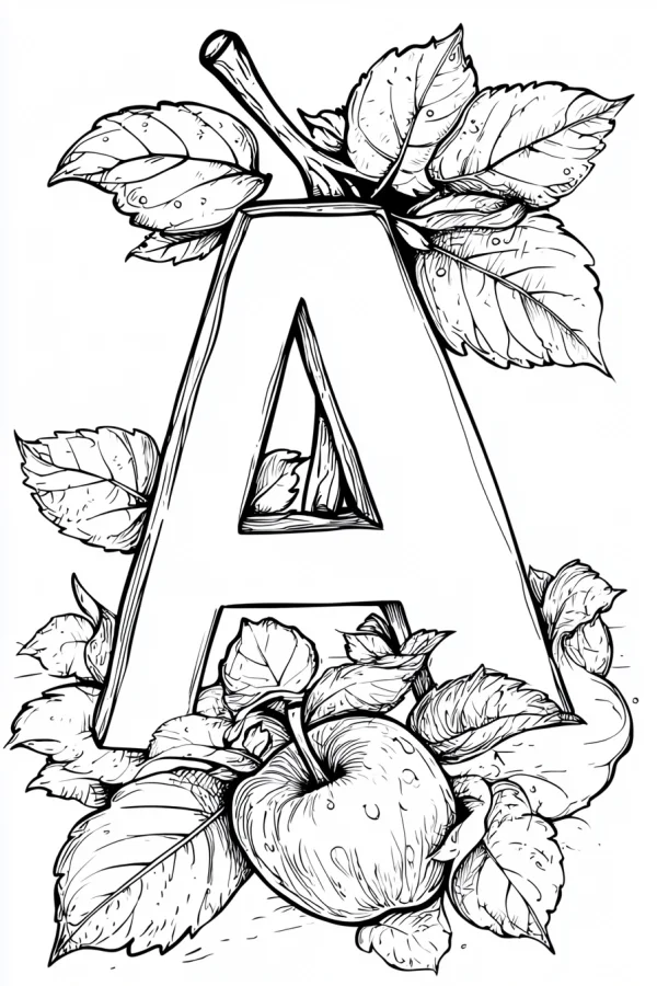 Letter a with apple and leaves, realistic line art style — free printable letters coloring book page