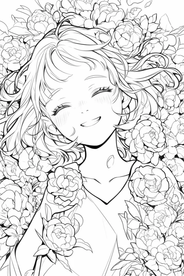 Smiling curly-haired girl surrounded by peonies, japanese illustration style — free printable character theme coloring book page