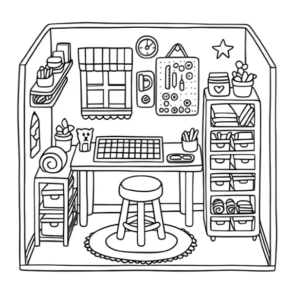 Cozy craft studio room scene, cartoon style — free printable handmade diy coloring book page