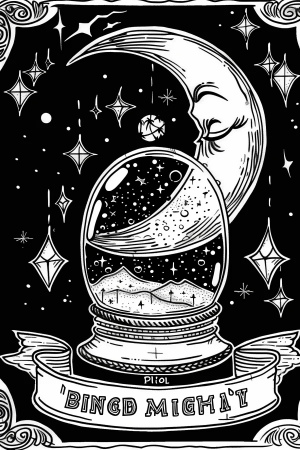 Starry sky crystal ball with anthropomorphic crescent moon behind, fantasy style — free printable moon coloring book page